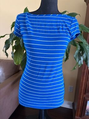 Green Envelope blue and white striped, short-sleeve boatneck top - Medium